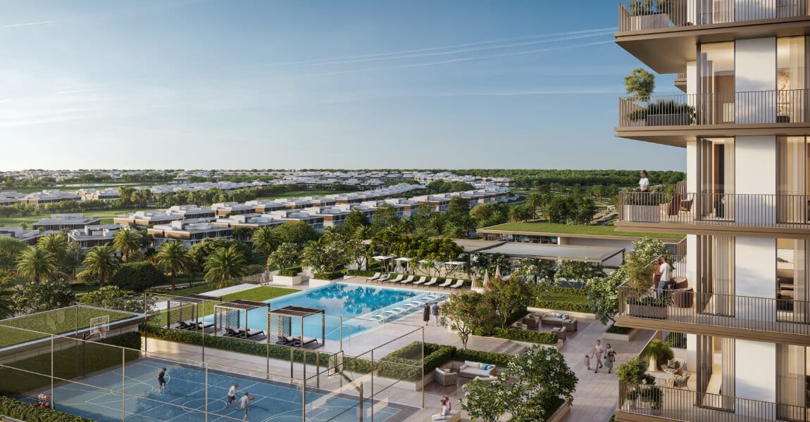 Greencrest pool deck and residence balconies above the Dubai Hills fairway