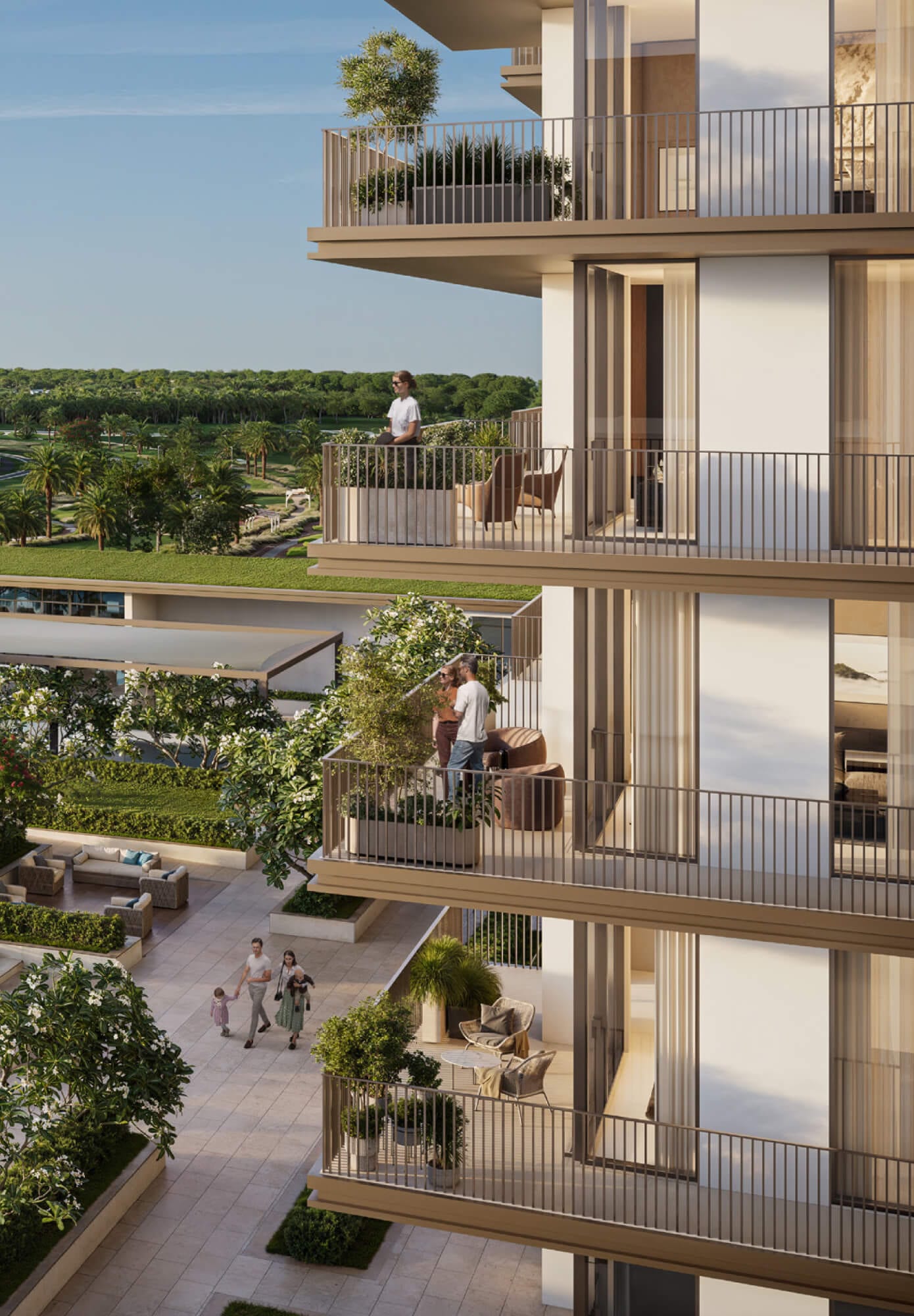 Greencrest balconies overlooking Dubai Hills Estate parkland