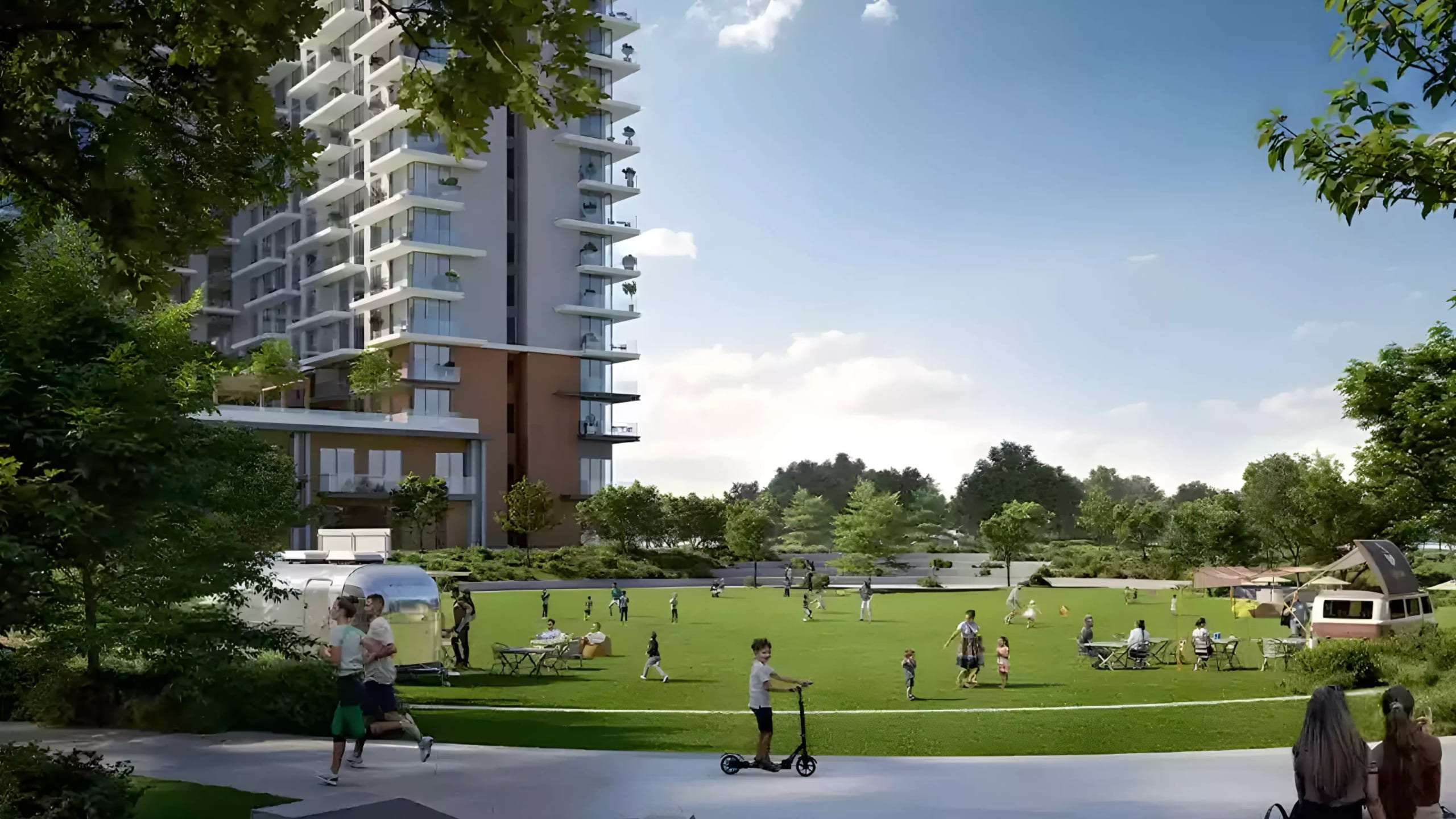 Greencrest at Dubai Hills Estate — Emaar tower above the community parkland