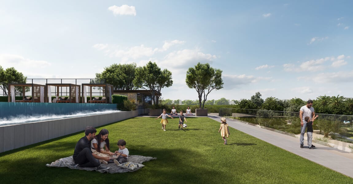 Parkland lawn and water feature at the foot of Greencrest