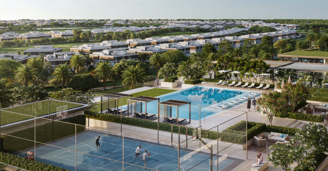 Landscaped podium deck with pool and multi-use sports court